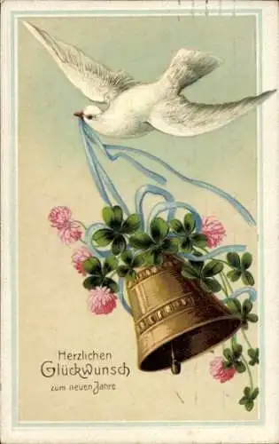 Präge Ak Glückwunsch Neujahr, Taube, Glücksklee, Glocke