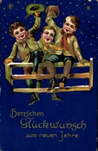 Präge Litho Glückwunsch Neujahr, Drei Jungen auf einem Gartenzaun, Sterne