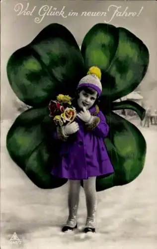 Ak Glückwunsch Neujahr, Mädchen, Blumen, Glücksklee