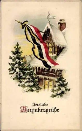 Ak Glückwunsch Neujahr, Wohnhaus, Tannenbäume, Fahne