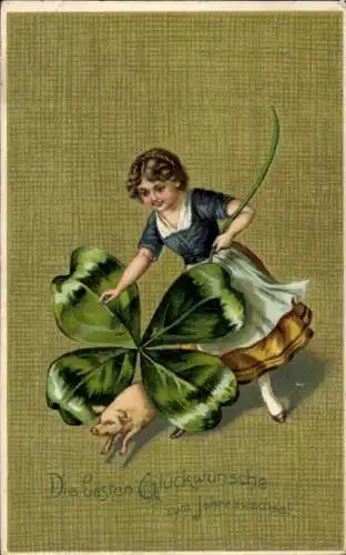 Präge Litho Glückwunsch Neujahr, Mädchen mit Kleeblatt, Schwein