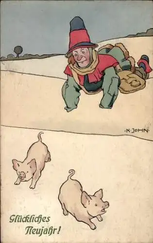 Künstler Ak John, K., Glückwunsch Neujahr, Mann, Schweine, Schnee