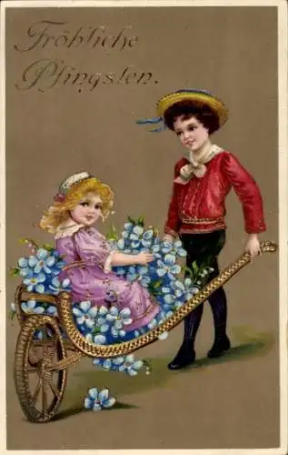 Ak Glückwunsch Pfingsten, Kinder, Schubkarre, Vergissmeinnicht