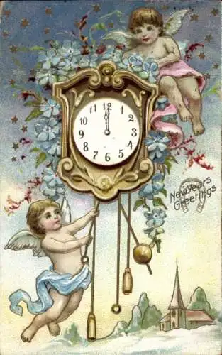 Ak Glückwunsch Neujahr, Engel, Uhr, Blumen