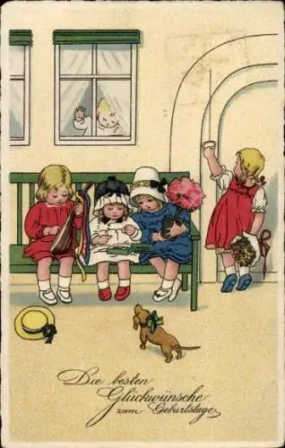 Ak Glückwunsch Geburtstag, Kinder, Blumen, Hund