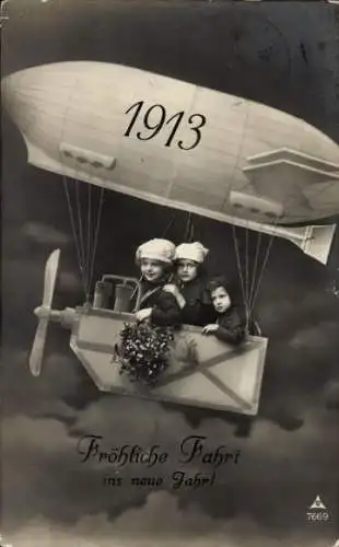 Ak Glückwunsch Neujahr, Jahreszahl 1913, Zeppelin, Kinder, PH Berlin 7669