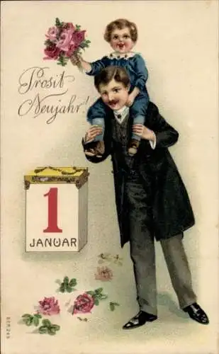 Ak Glückwunsch Neujahr, Vater mit Kind, Kalender, Blumen