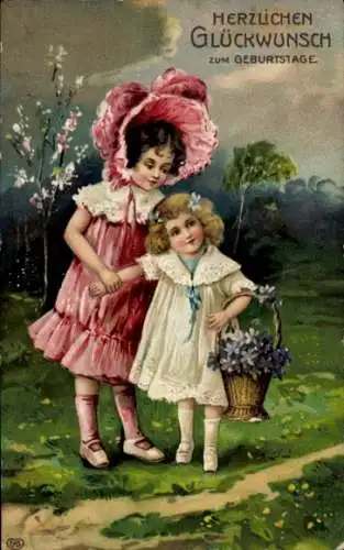 Präge Ak Glückwunsch Geburtstag, Kinder, Blumenkorb