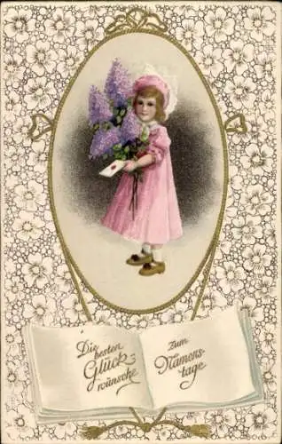 Präge Ak Glückwunsch Namenstag, Mädchen, Blumen