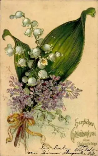 Präge Litho Glückwunsch Geburtstag, Blumenstrauß, Maiglöckchen