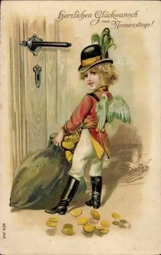 Ak Glückwunsch Neujahr, Engel als Postbote mit Geldsack