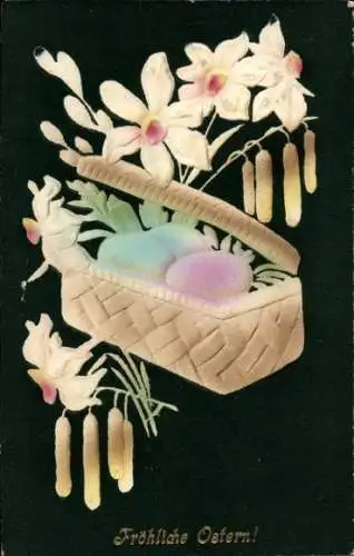 Präge Ak Glückwunsch Ostern, Ostereier, Blumen, Truhe