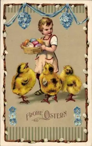 Ak Glückwunsch Ostern, Kind, Küken, Ostereier, Weidenkätzchen