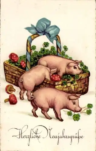 Ak Glückwunsch Neujahr, Korb, Glücksklee, Pilze, Schweine