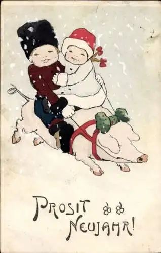 Ak Glückwunsch Neujahr, Kinder reiten auf Schwein