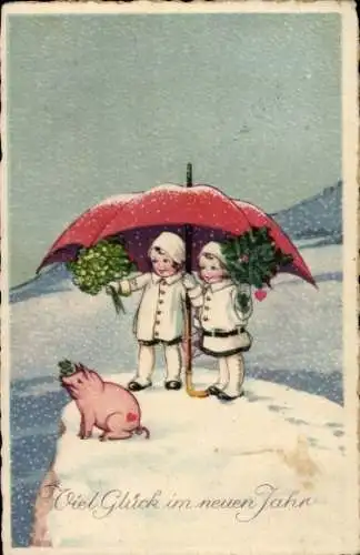 Ak Glückwunsch Neujahr, Kinder, Schirm, Glücksschwein, Kleeblätter