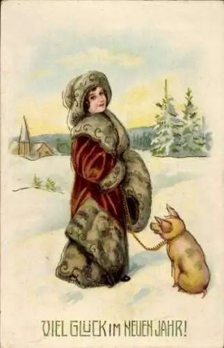 Ak Glückwunsch Neujahr, Mädchen, Schwein