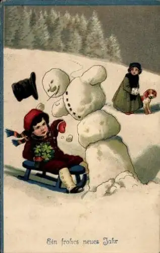 Ak Glückwunsch Neujahr, Kind, Schlitten, Schneemann