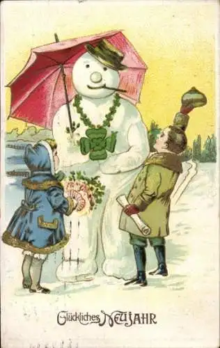 Präge Ak Glückwunsch Neujahr, Kinder, Schneemann, Glücksklee