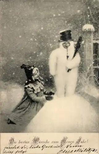 Ak Glückwunsch Neujahr, Mädchen, Schneemann