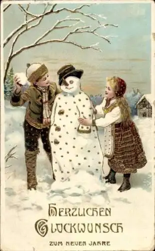 Präge Ak Glückwunsch Neujahr, Kinder, Schneemann