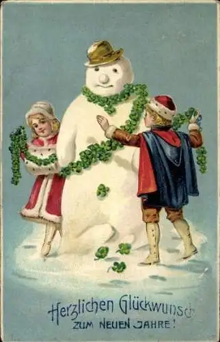 Präge Ak Glückwunsch Neujahr, Kinder, Schneemann, Glücksklee