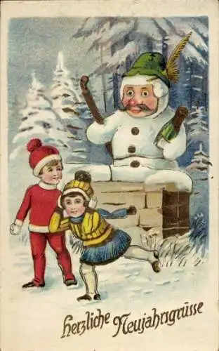 Ak Glückwunsch Neujahr, Kinder, Schneemann, Sekt