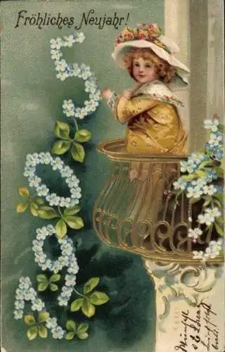 Präge Litho Glückwunsch Neujahr, Jahreszahl 1905, Kleeblätter, Frau