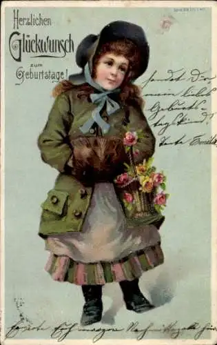 Präge Litho Glückwunsch Geburtstag, Kind, Blumenkorb