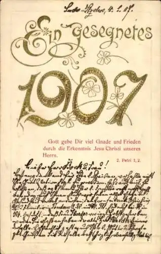 Präge Ak Glückwunsch Neujahr 1907, Glücksklee