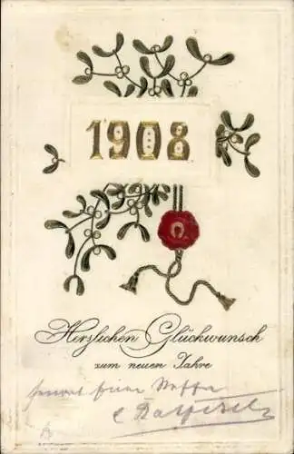 Präge Ak Glückwunsch Neujahr 1908, Mistelzweige
