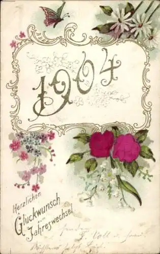 Präge Material Litho Glückwunsch Neujahr 1904, Blumen, Schmetterling