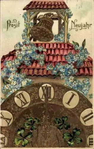 Präge Ak Fröhliches Neujahr, Uhrenturm, Glocke, Kleeblätter, Vergissmeinnicht