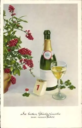 Ak Fröhliches Neujahr, Sektflasche und Glas, Kalender, Kleeblätter