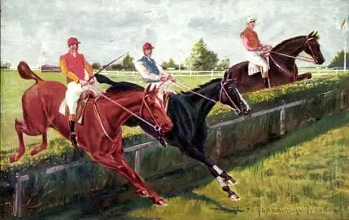 Künstler Ak Donadini, Pferderennen, Sprung über ein Hindernis