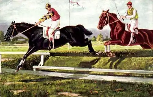 Künstler Ak Donadini, A. E., Jockeys zu Pferden, Springreiten