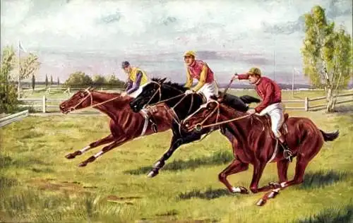 Künstler Ak Donadini, A. E., Jockeys zu Pferden, Springreiten