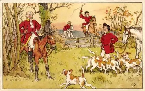 Künstler Ak Männer zu Pferden, Jagdhunde, Wiese