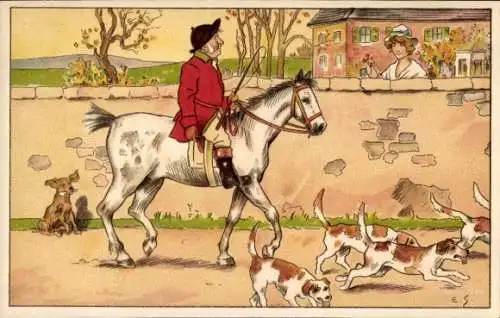 Künstler Ak Mann zu Pferde, Gespräch mit einer Frau, Jagdhunde