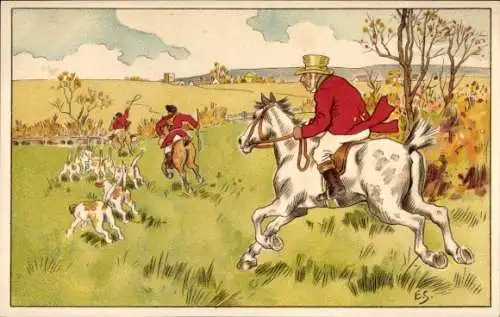 Künstler Ak Männer zu Pferden, Jagdhunde, Wiese
