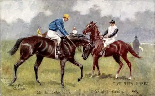 Künstler Ak Rennpferde, Jockeys in Rennfarben, L. Rothschild, Duke of Portland