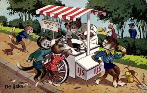 Künstler Ak Vermenschlichte Tiere, Katzen kaufen Eis