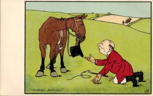 Ak Mann kniet  vor seinem Pferd, Zylinder