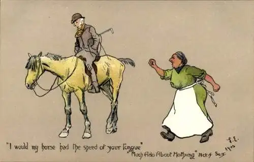 Künstler Ak Mann zu Pferde, Wütende Frau