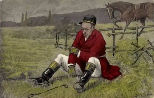 Künstler Ak Mann sitzt auf dem Boden, Wiese, Im Hintergrund Pferd