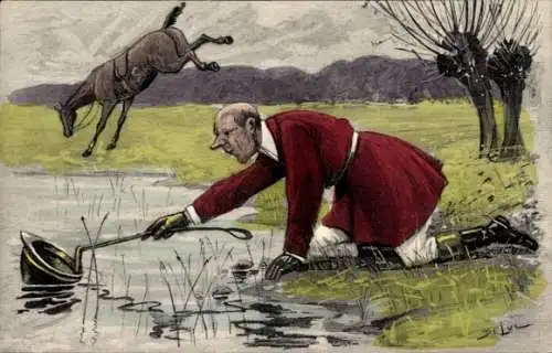 Künstler Ak Reiter holt seinen Hut aus dem Wasser, Im Hintergrund Pferd