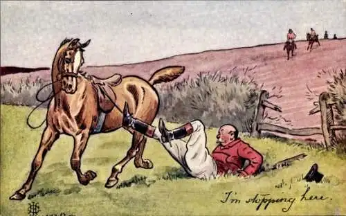 Künstler Ak Mann liegt auf dem Boden und wird von seinem Pferd gezogen