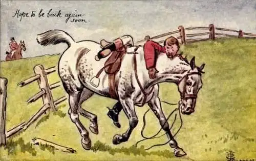 Künstler Ak Mann versucht sein Pferd zu besteigen