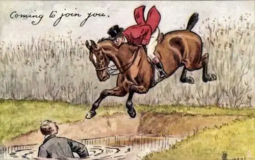 Künstler Ak Springreiten, Hindernis, Mann im Wasser