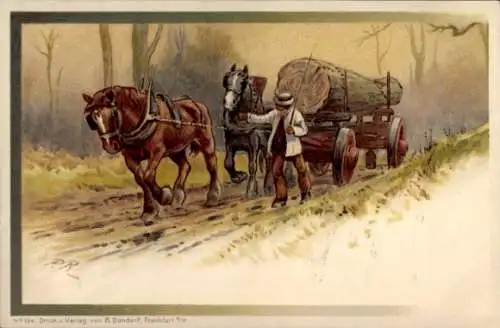 Künstler Litho Holztransport, Bauer, Pferde